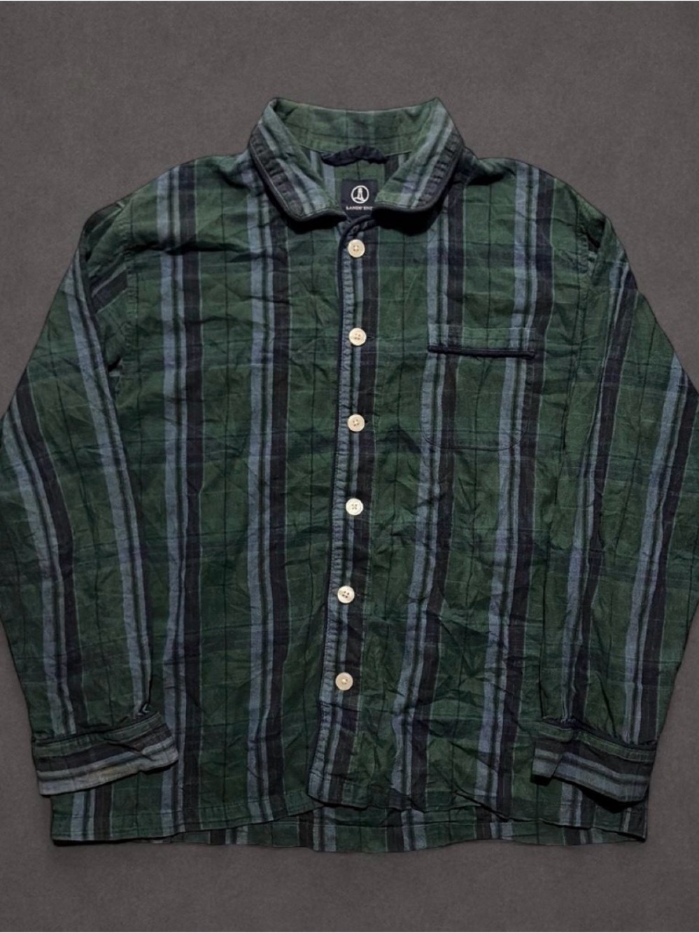 Vintage Lands’ End Flannel Pajama Top Green Plaid Button Up XL